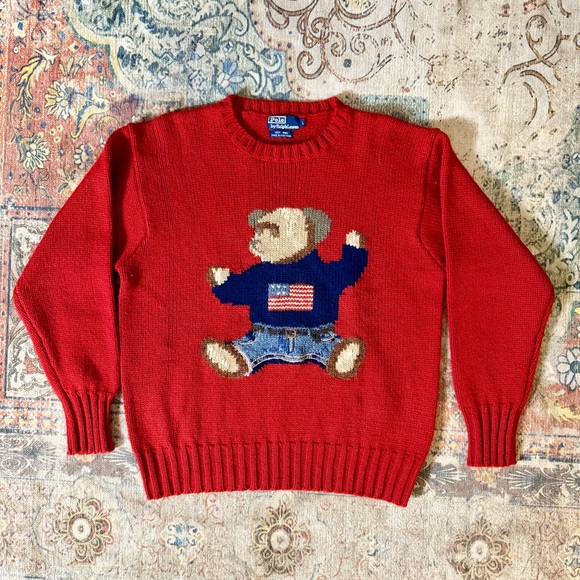 RARE Vintage 90s Polo Ralph Lauren Bear Sit Down Knit Wool Sweater Size L Red🔥 - Picture 6 of 10